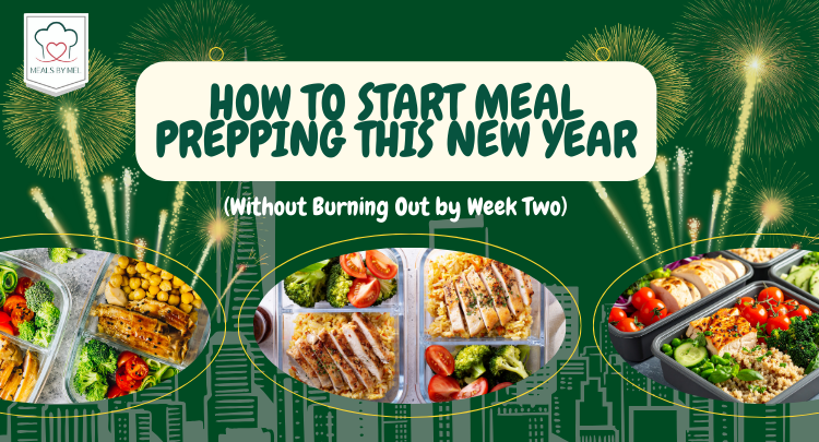 Organized meal prep containers with fresh, balanced ingredients, representing a fresh start to healthy eating and meal planning for the New Year.